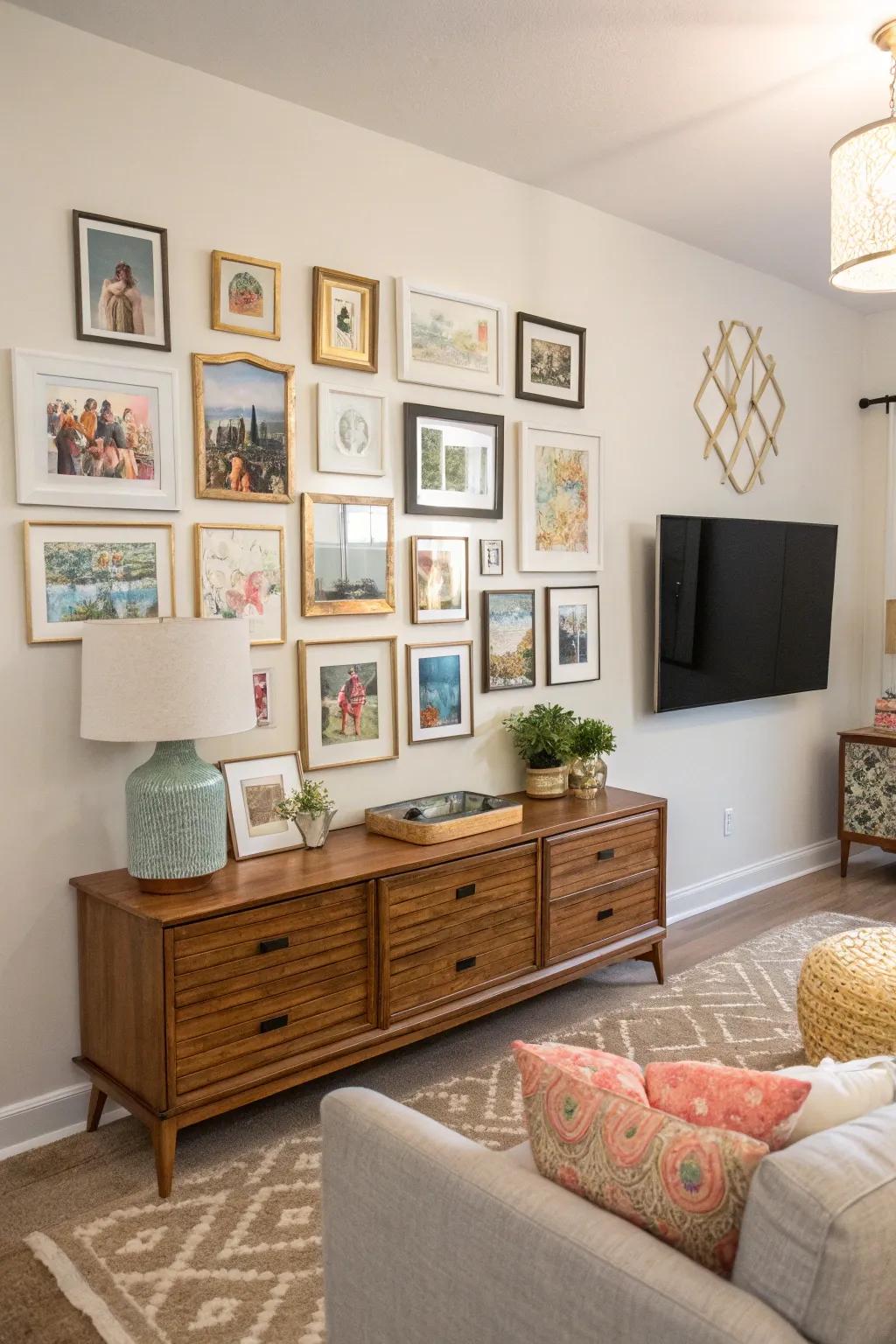 Establish an energetic focal point using a display wall in your Sims 4 living room.