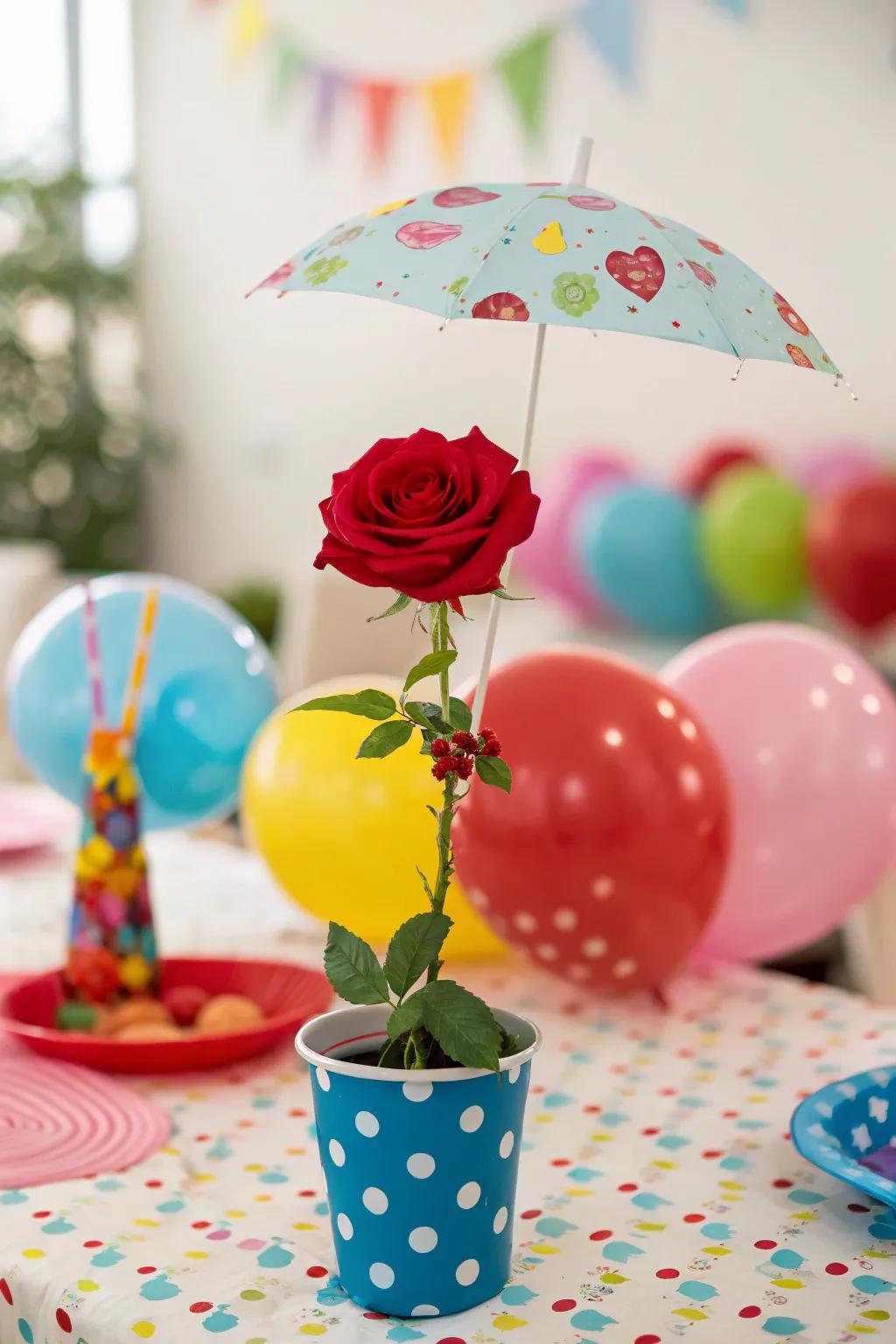 A parasol suspended over a rose cultivates a whimsical effect.