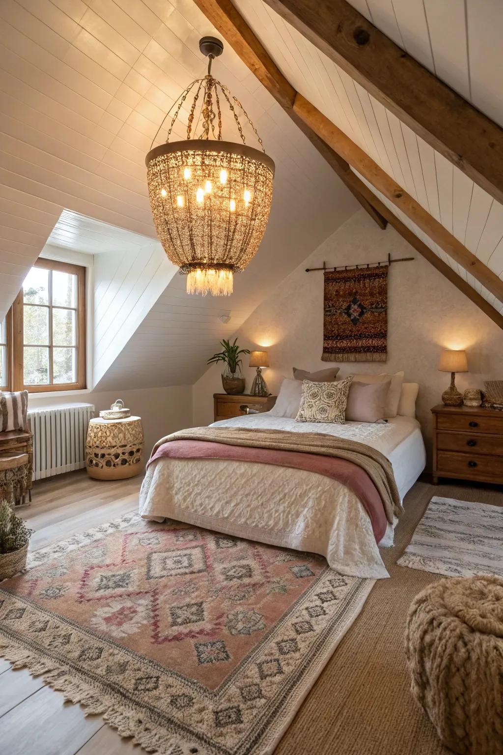 In this attic bedroom, a striking light fixture adds a touch of refinement.