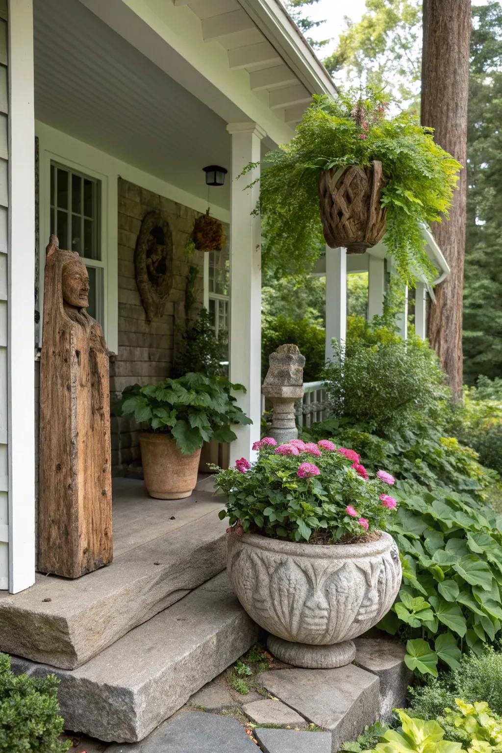Nature-inspired embellishments contribute an organic touch to a modest porch.