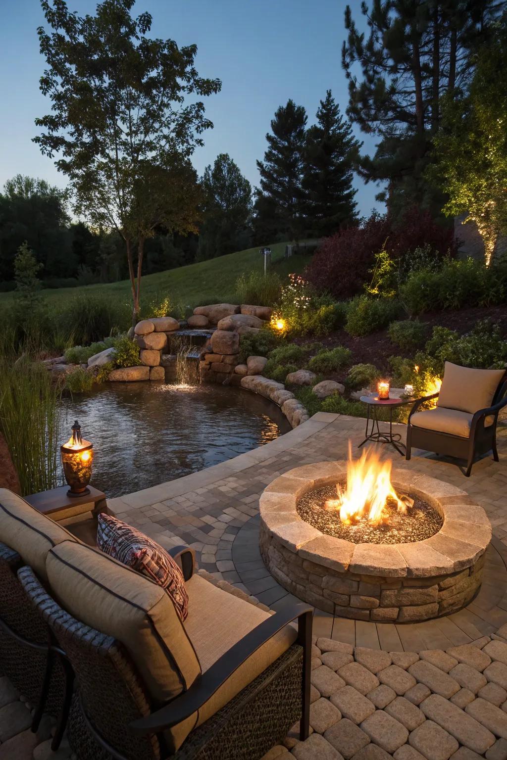The union of fire and water elements yields a visually impressive backyard.