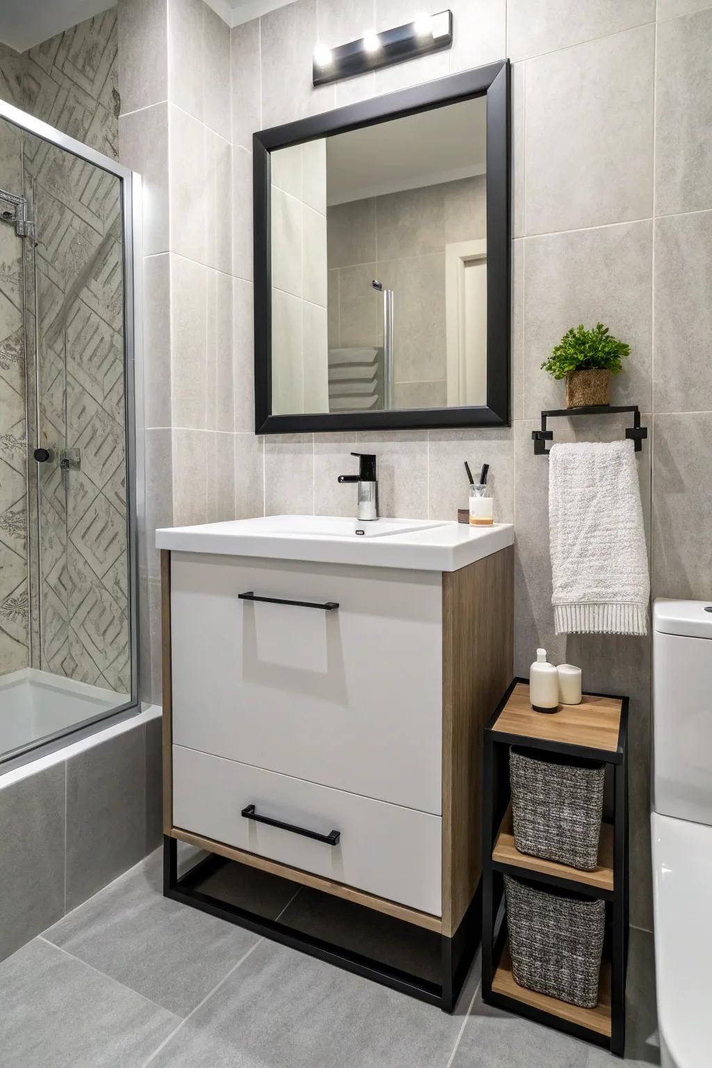 A small vanity provides storage without crowding a small bathroom.