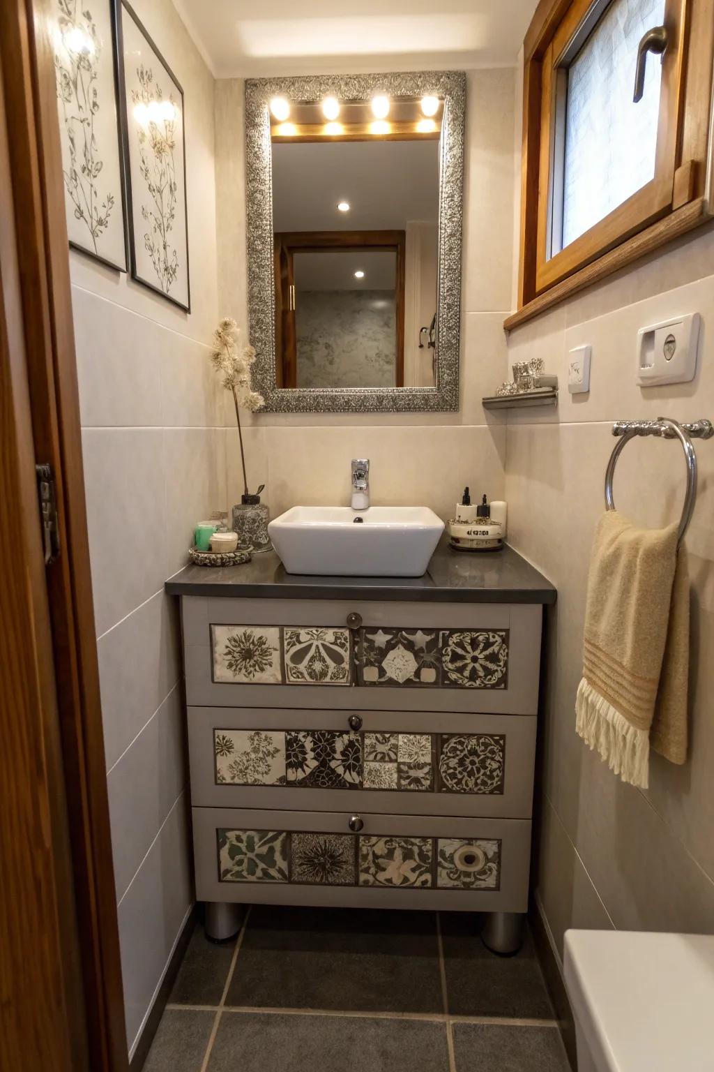 A customized vanity mirroring personal style and creativity in a small bathroom.