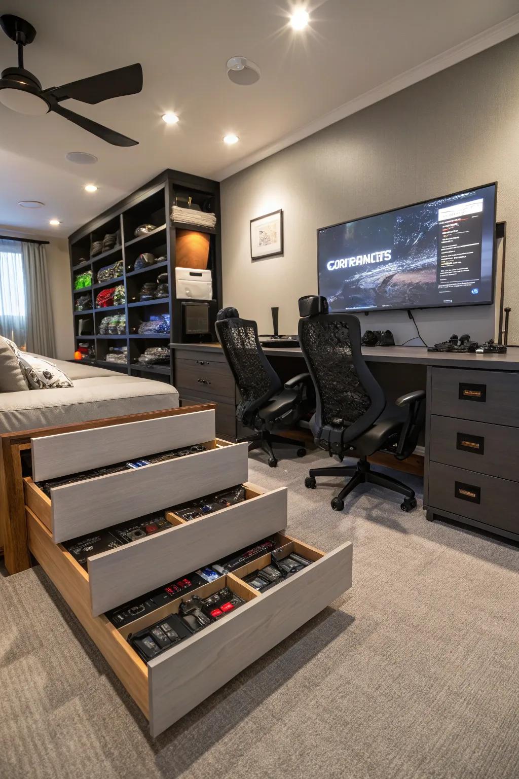 Smart storage helps keep your gaming room organized and working well.