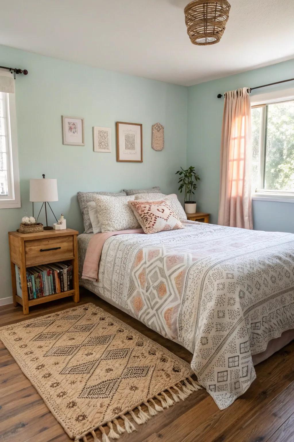 A minimalist approach maintains the small boho bedroom cozy and uncluttered