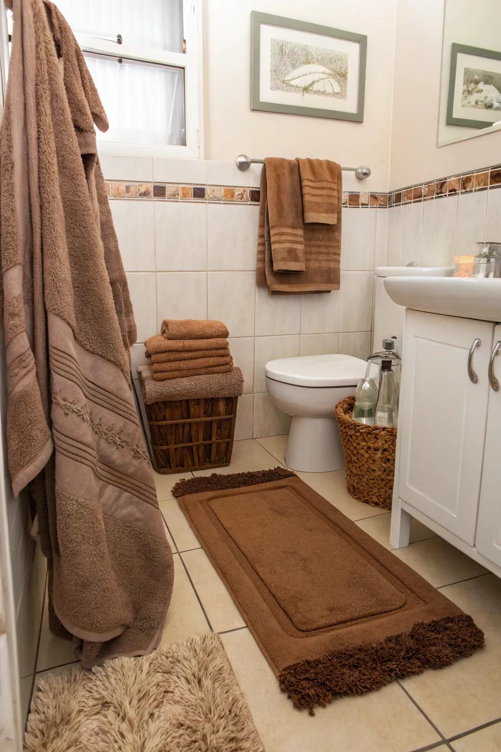 Soft cocoa towels and floor mats add warmth and snugness.