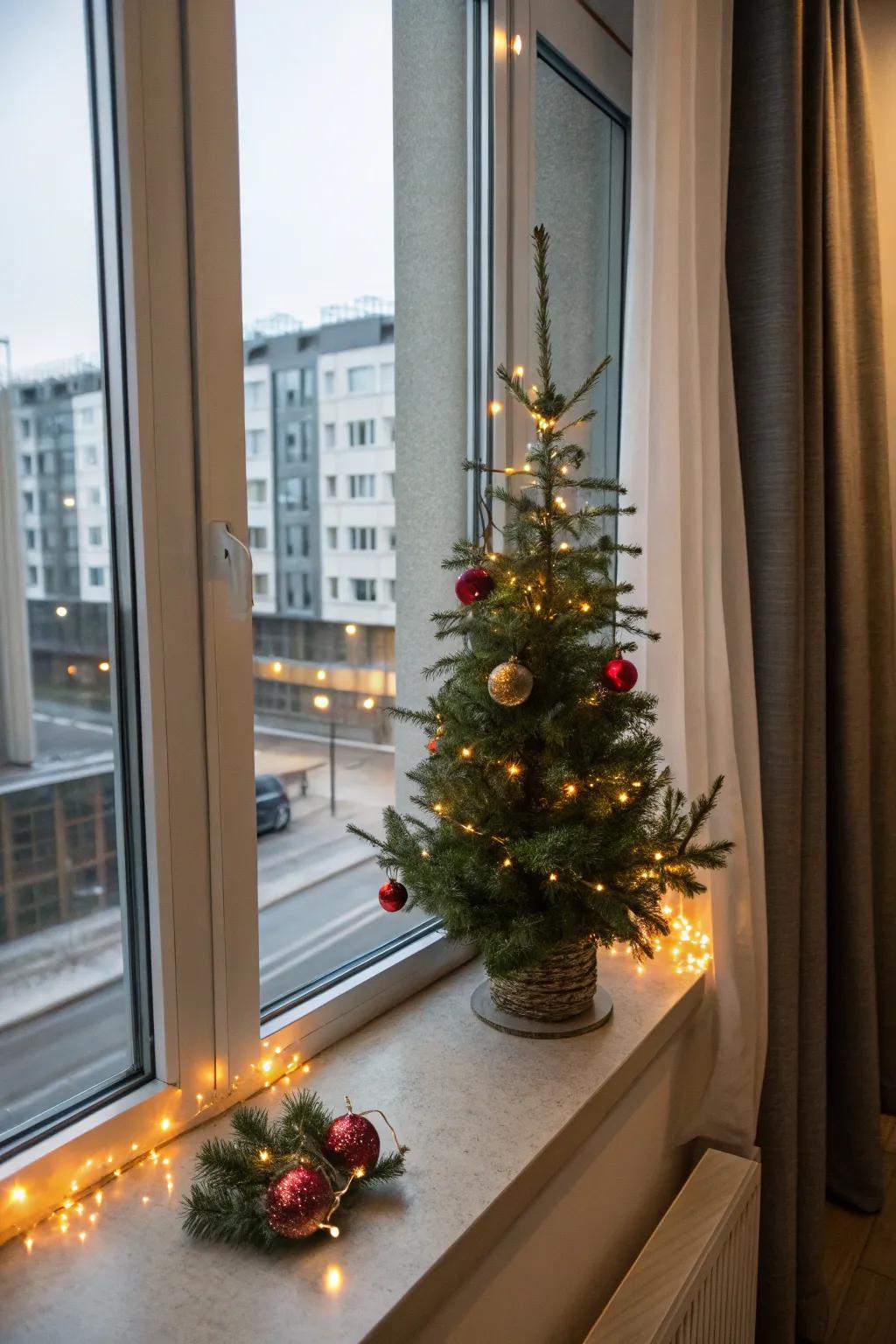 A small Christmas tree on the windowsill spreads holiday cheer indoors and out.
