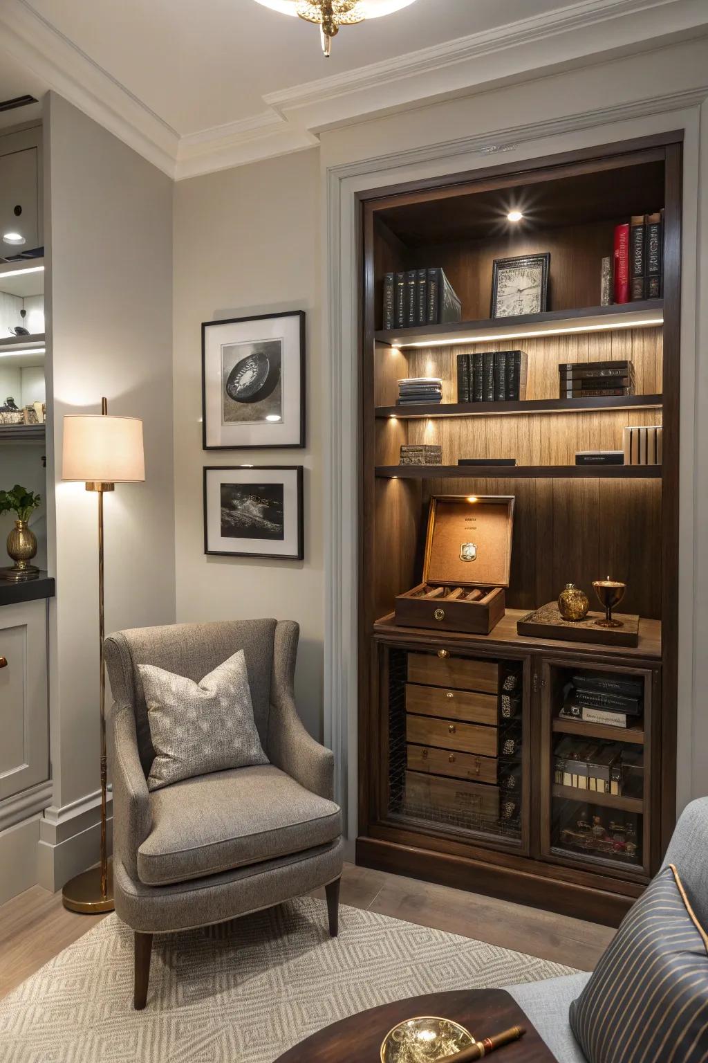 A chic preservation unit preserves cigars invigorated and contributes flair to this small area.