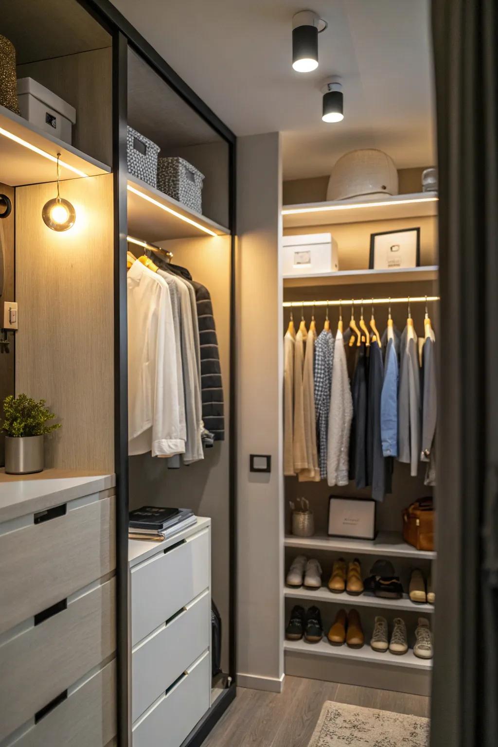 Smart lighting adds efficiency to a small closet.