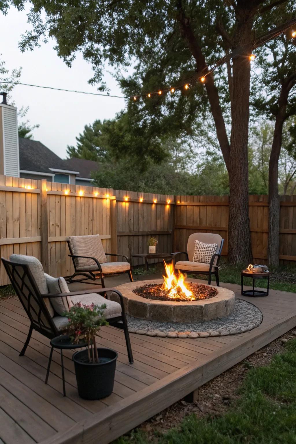 A miniature fire pit adding warmth to a petite deck.