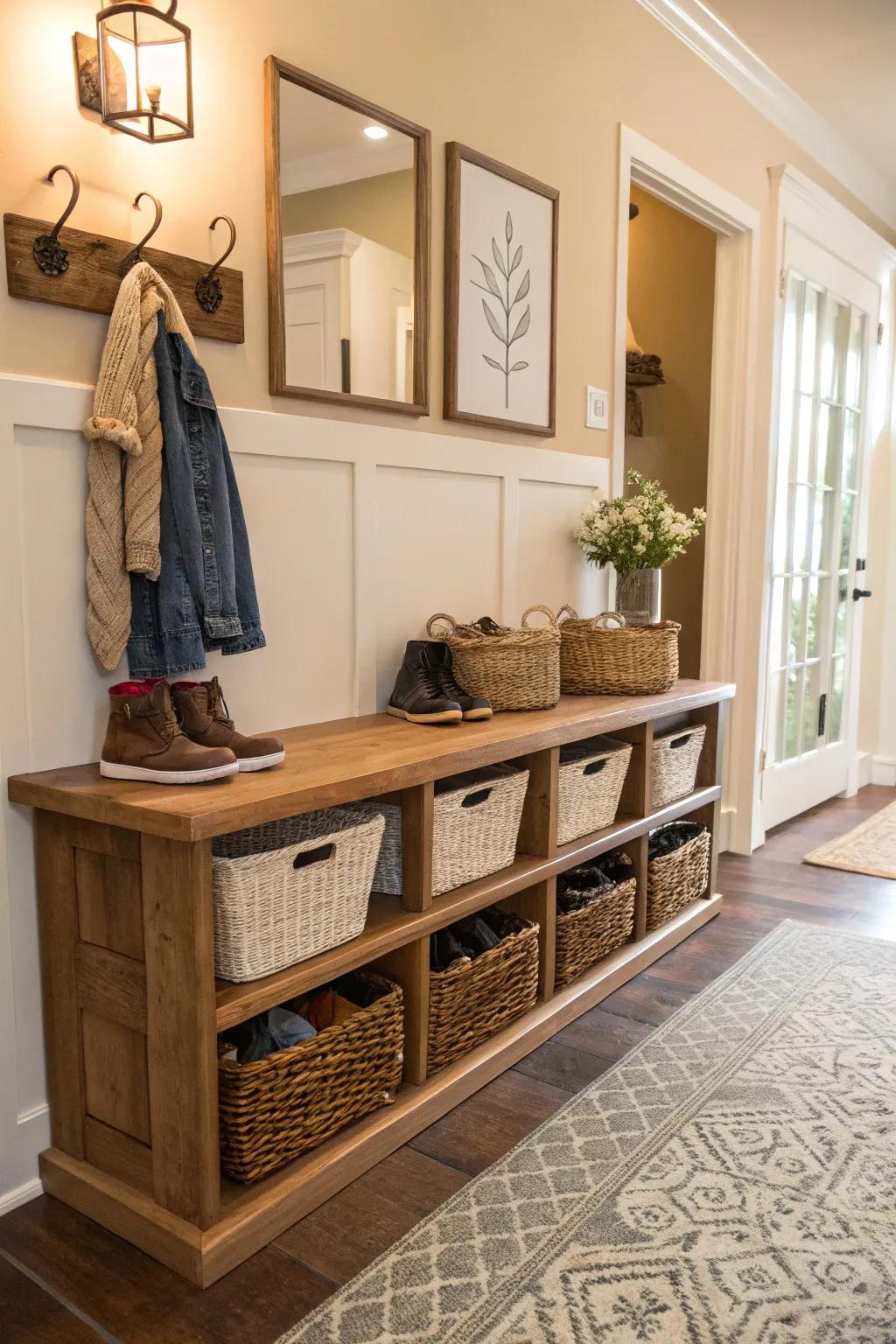 Decorative baskets provide informal and structured footwear storage.