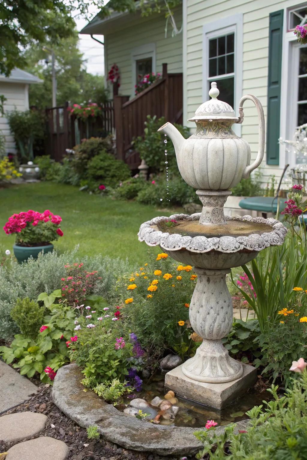 A vintage teapot water feature injects whimsical charm.