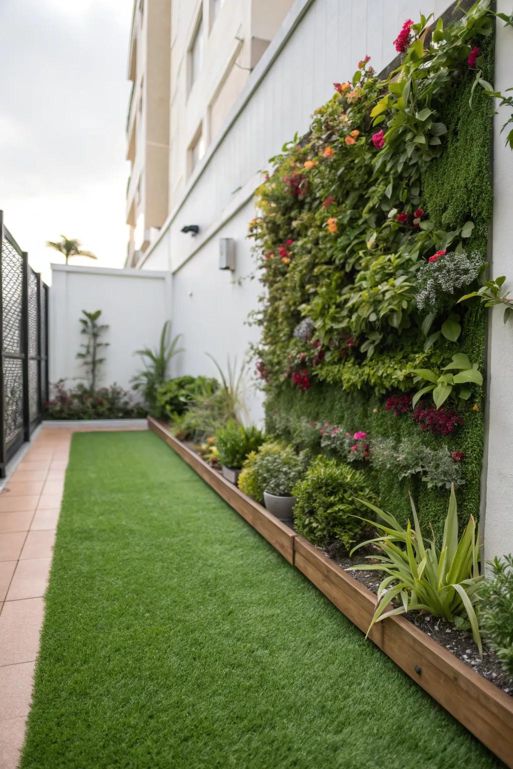 A vibrant vertical garden wall complementing synthetic turf.