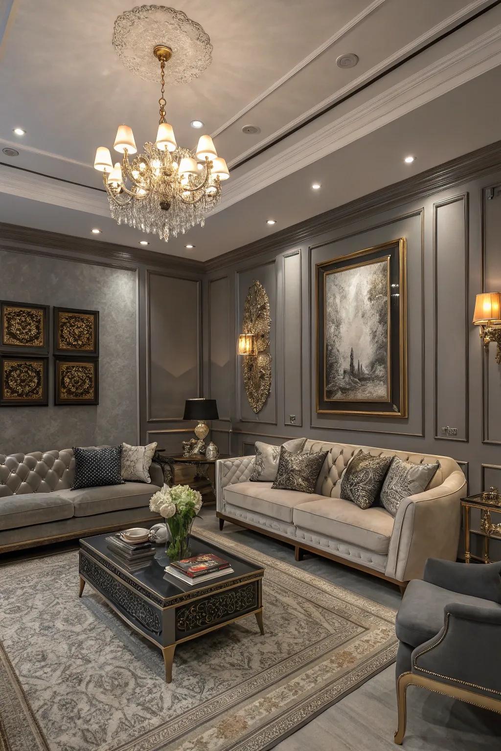 A snug parlor showcasing grey walls for a graceful impression.