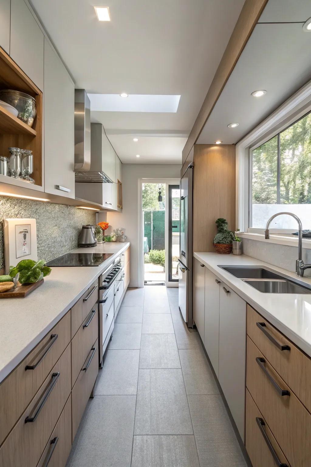 Corridor arrangements optimize space in compact kitchens.