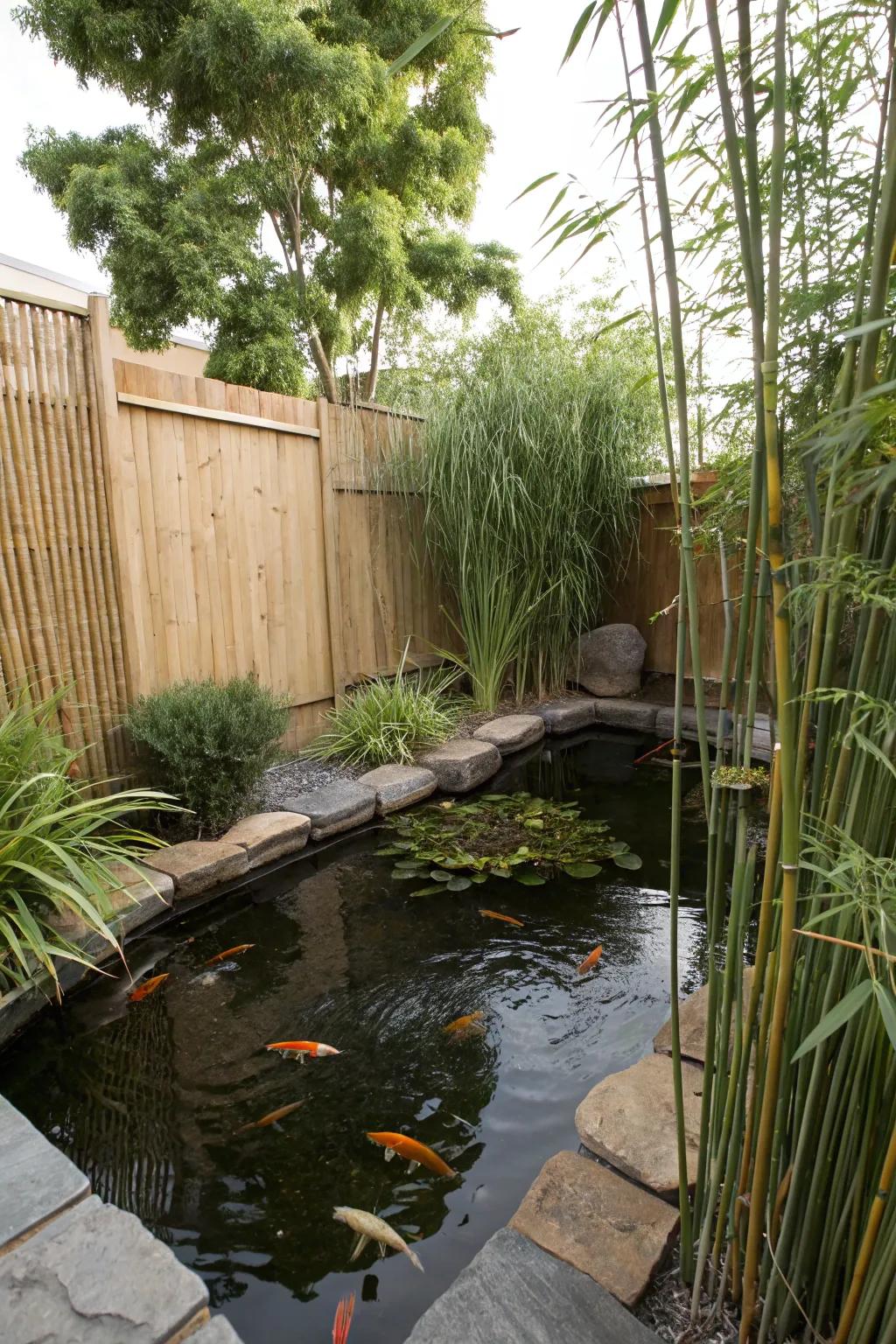 A secluded water garden with privacy-enhancing greenery.