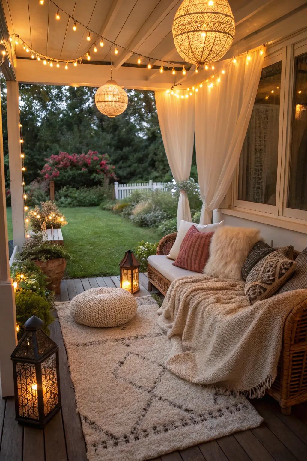 Transform your lanai into a snug retreat with gentle textures and warm illumination.