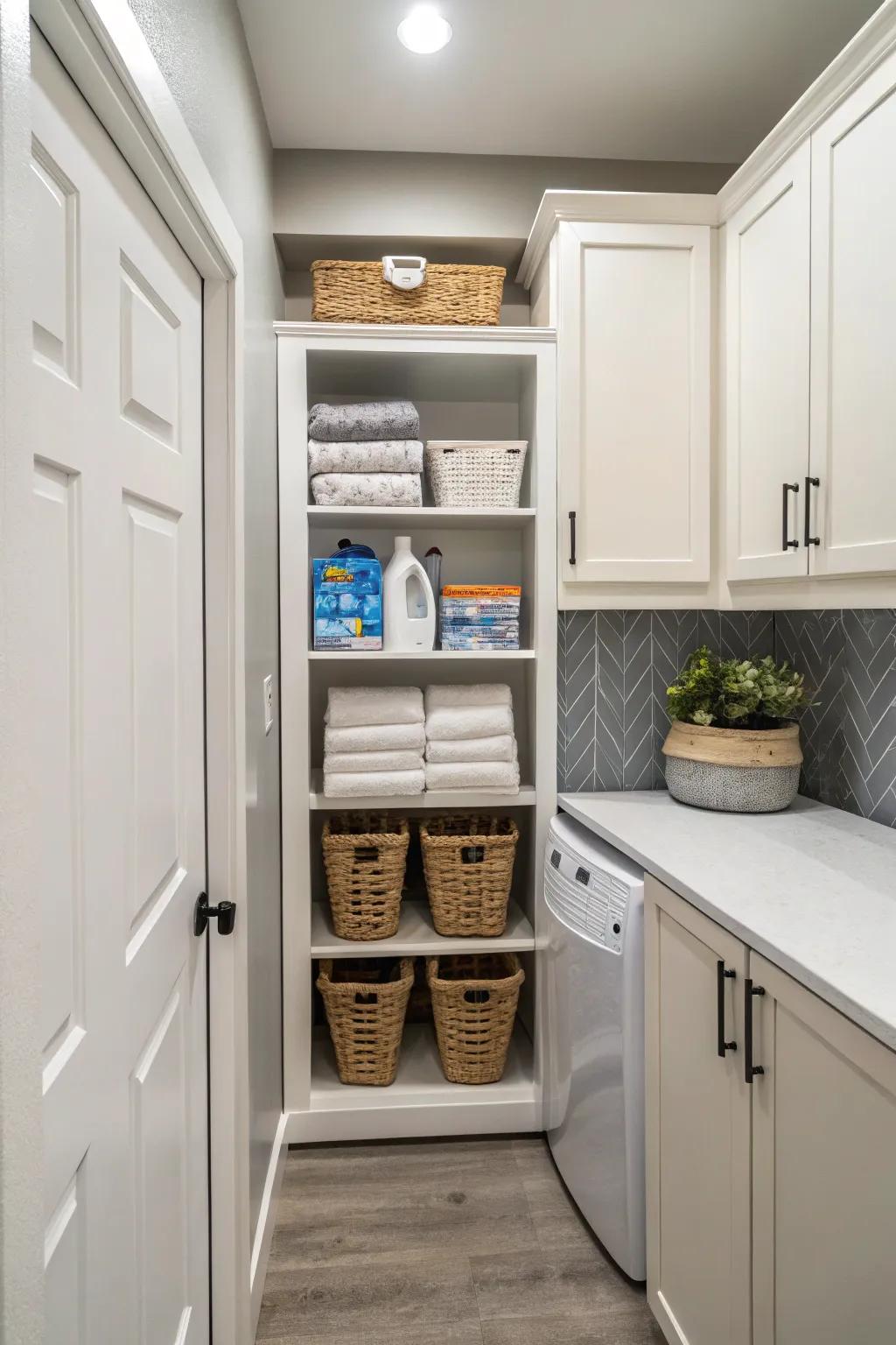 Smart storage solutions keep your laundry room tidy.