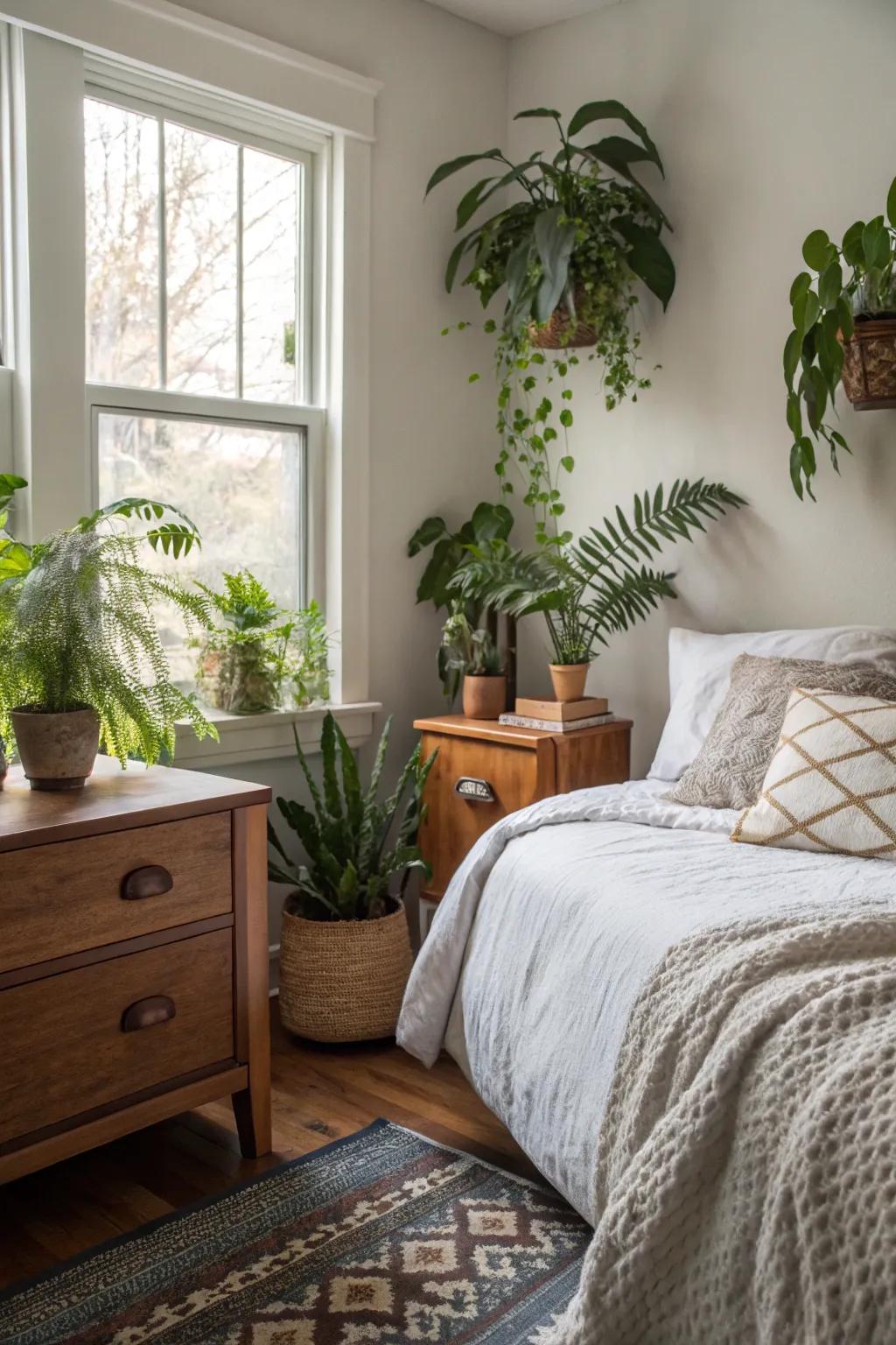 Indoor botanical elements impart vivacity to a small primary bedroom.
