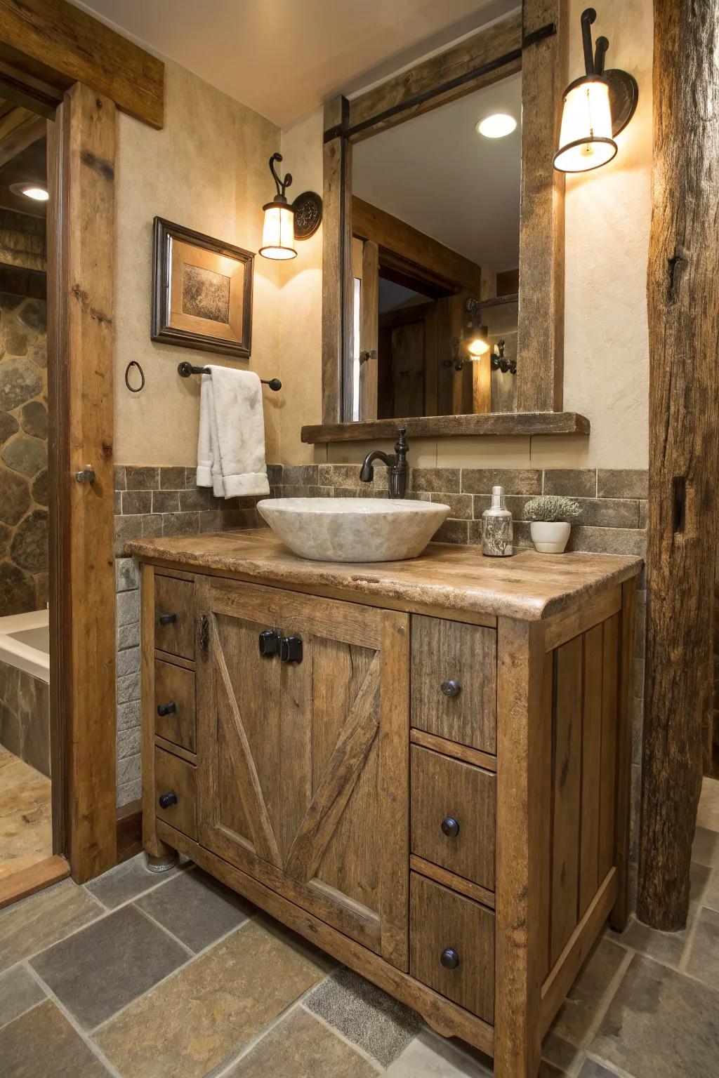 Renewed vintage timber injects character into a bathroom.