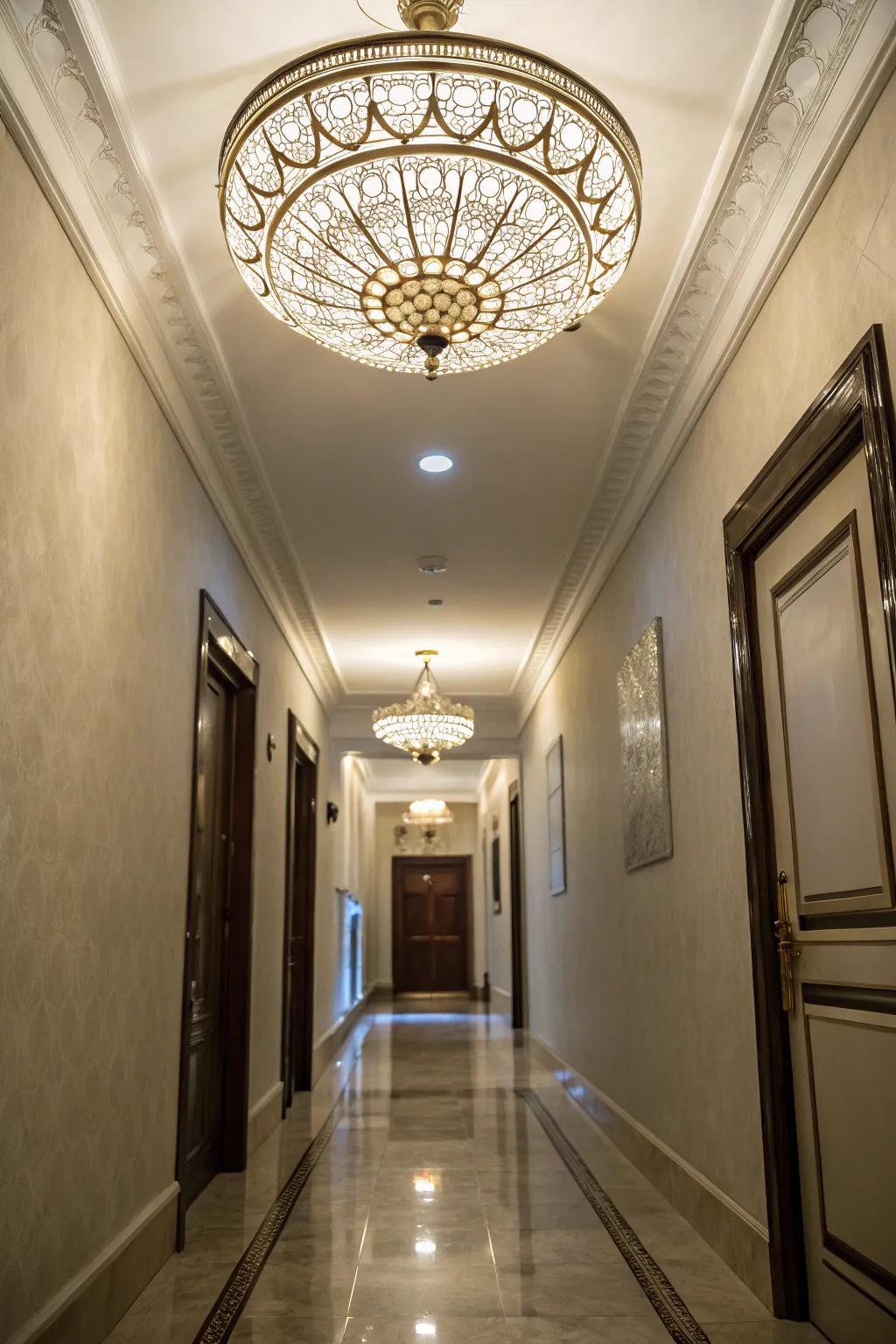 Utilizing ceiling space enhances the height and feel of your narrow hallway.