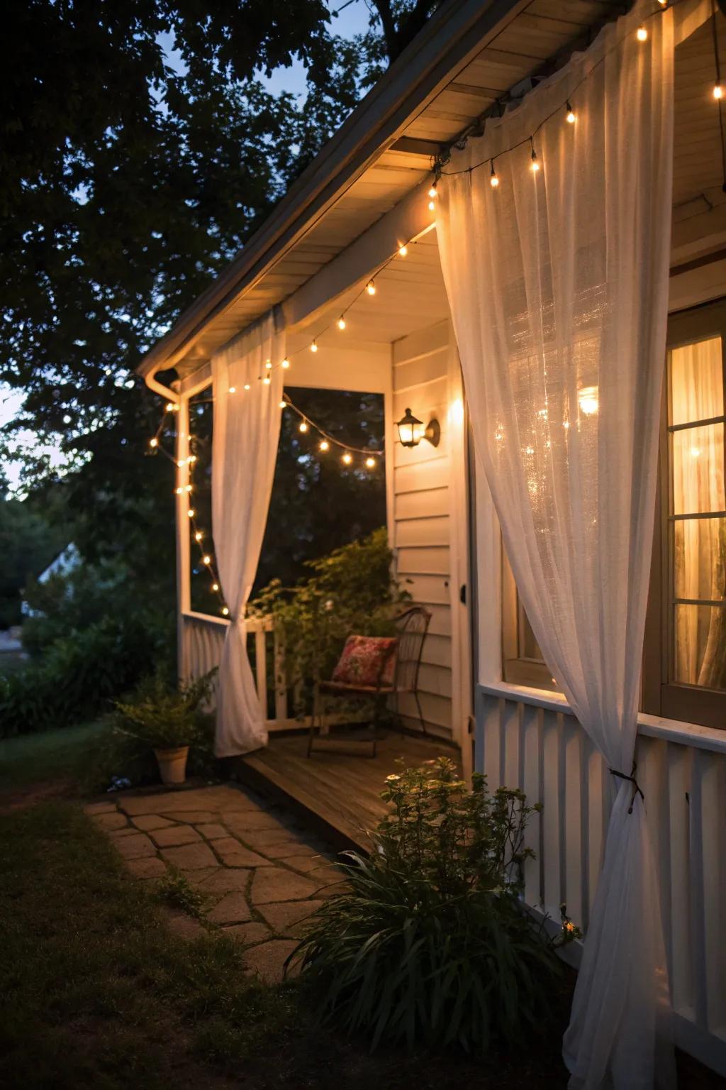 String lights matched with sheer curtains craft a magical evening getaway.