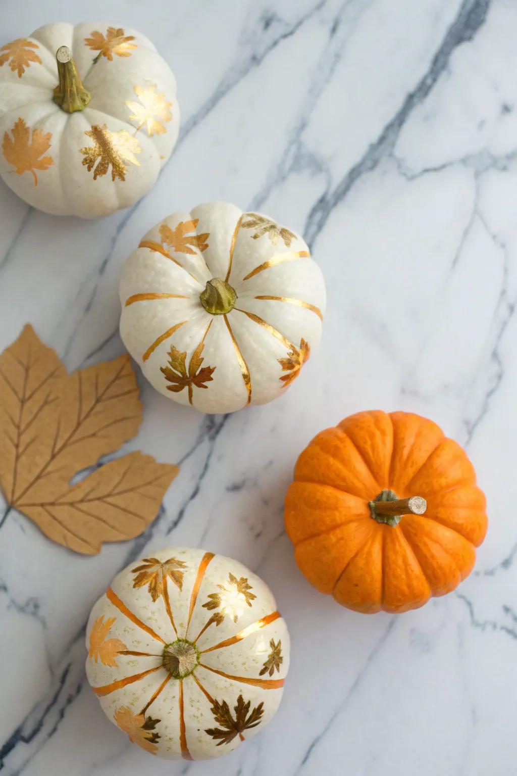 Gold leaf pumpkins add an air of luxury and beauty to any scene.