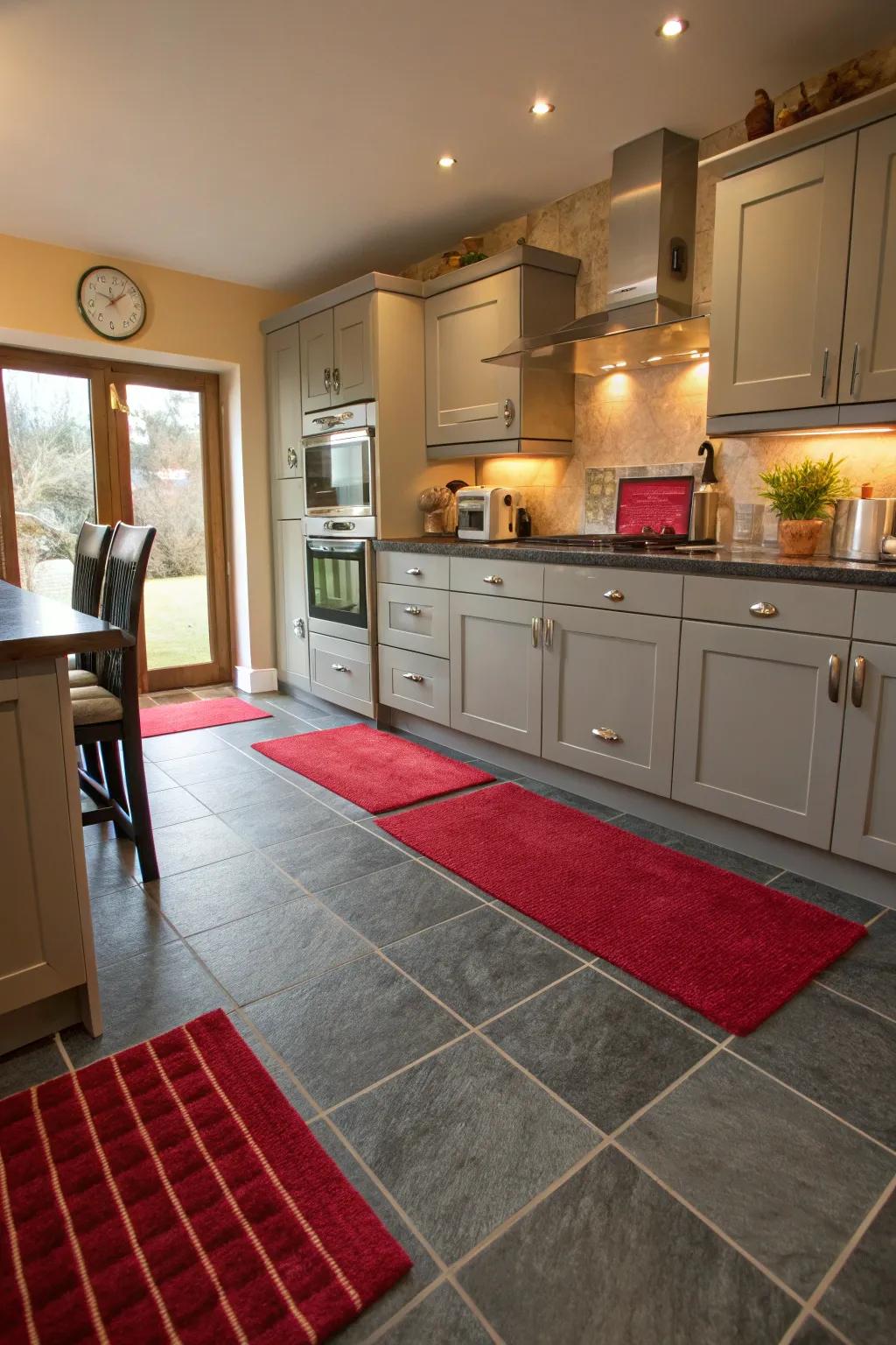 Gray flooring complemented by crimson details for a cohesive look.