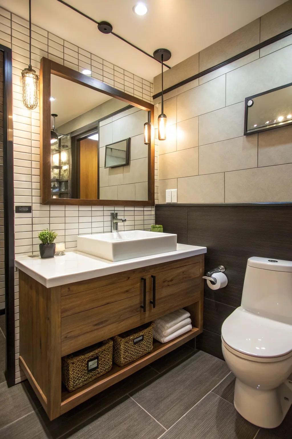Floating vanities foster an open ambiance.