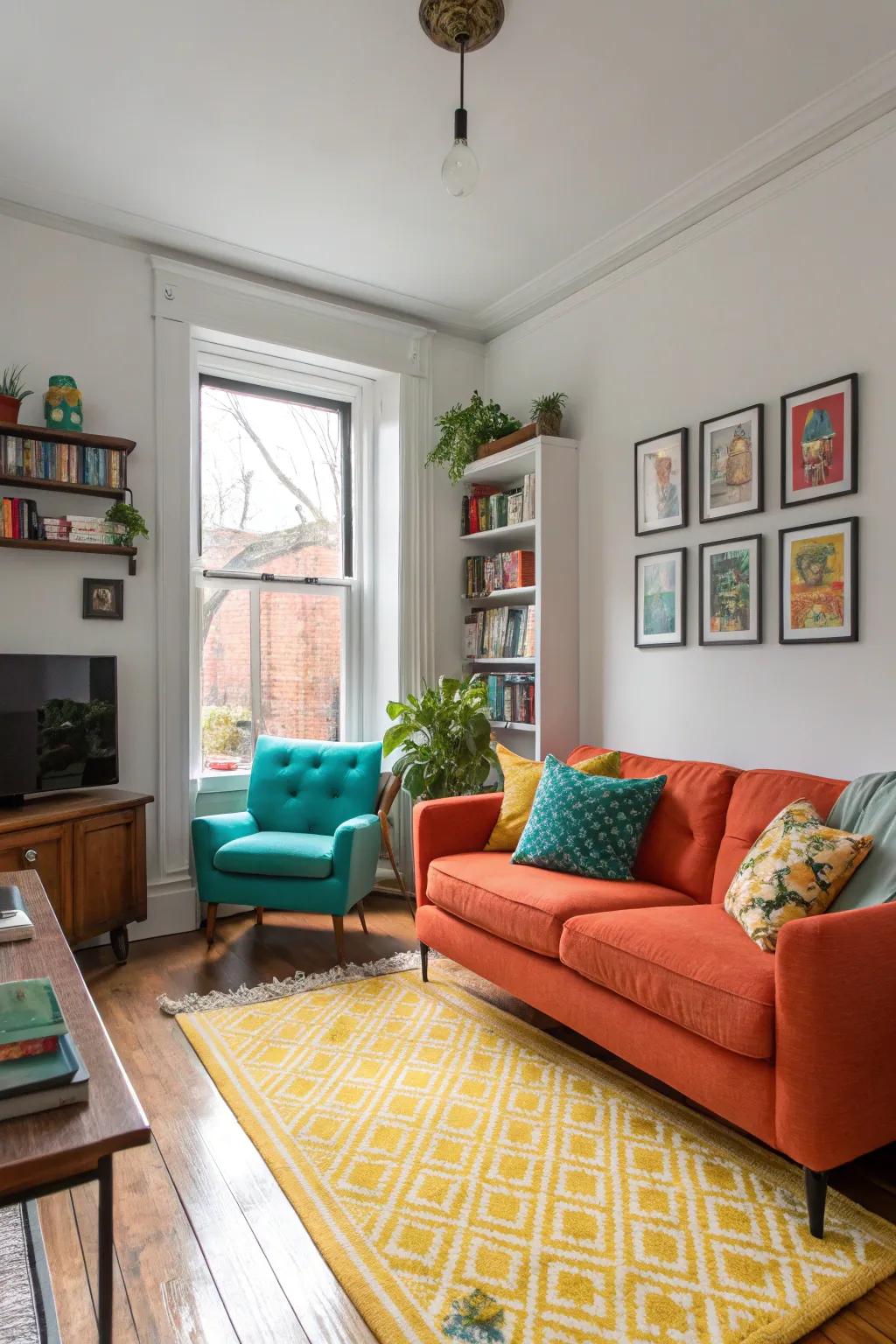 Focal pieces contribute bursts of color and visual interest.