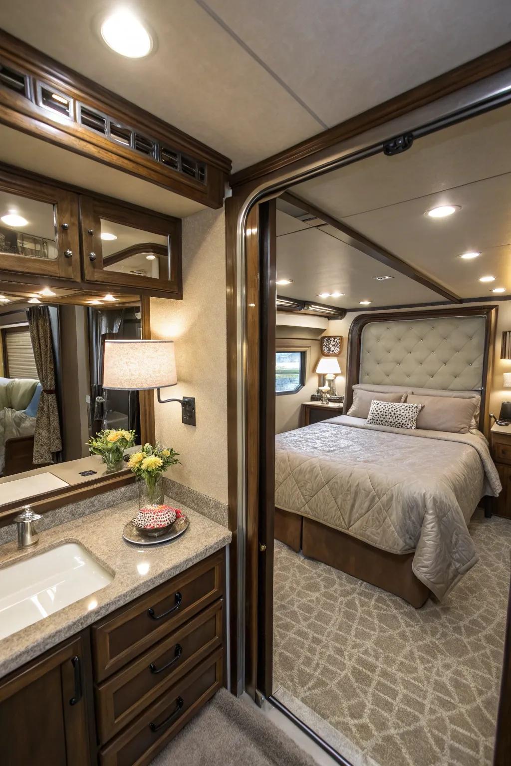 Reflective surfaces help your RV bedroom feel larger and more open.