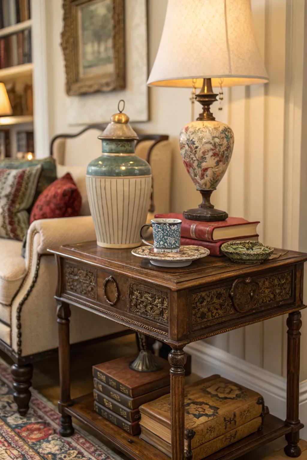 Vintage tables bring a sense of history and charm.