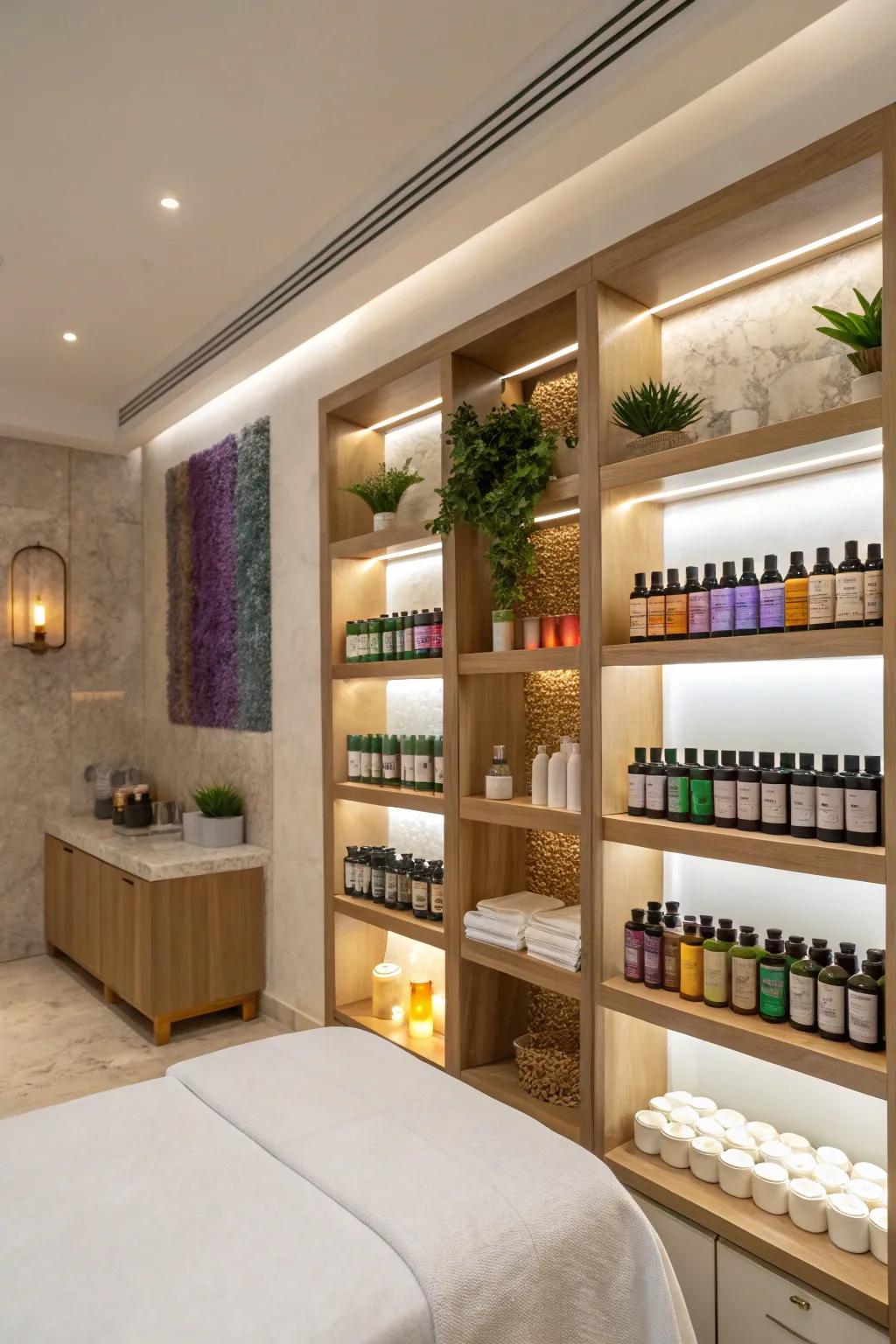 Vertical storage with shelving within a spa area