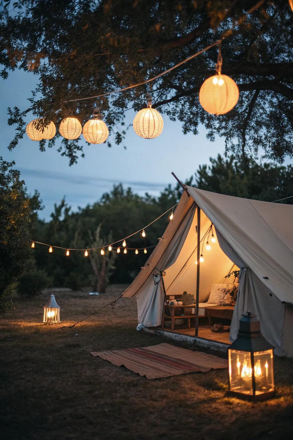 Elegant tent featuring suspended lights.