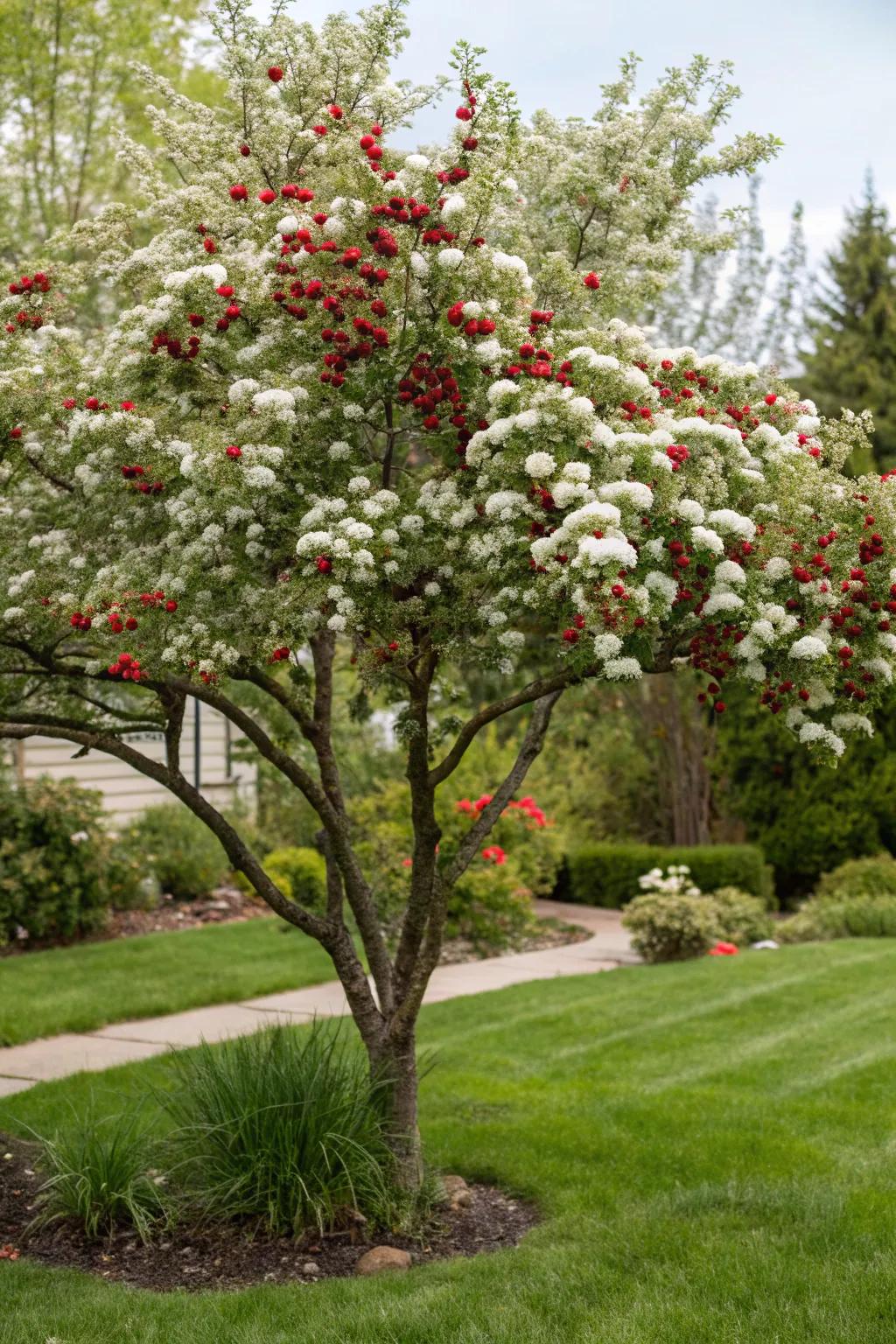 Snowdrift hawthorne infusing seasonal charm to a front garden.