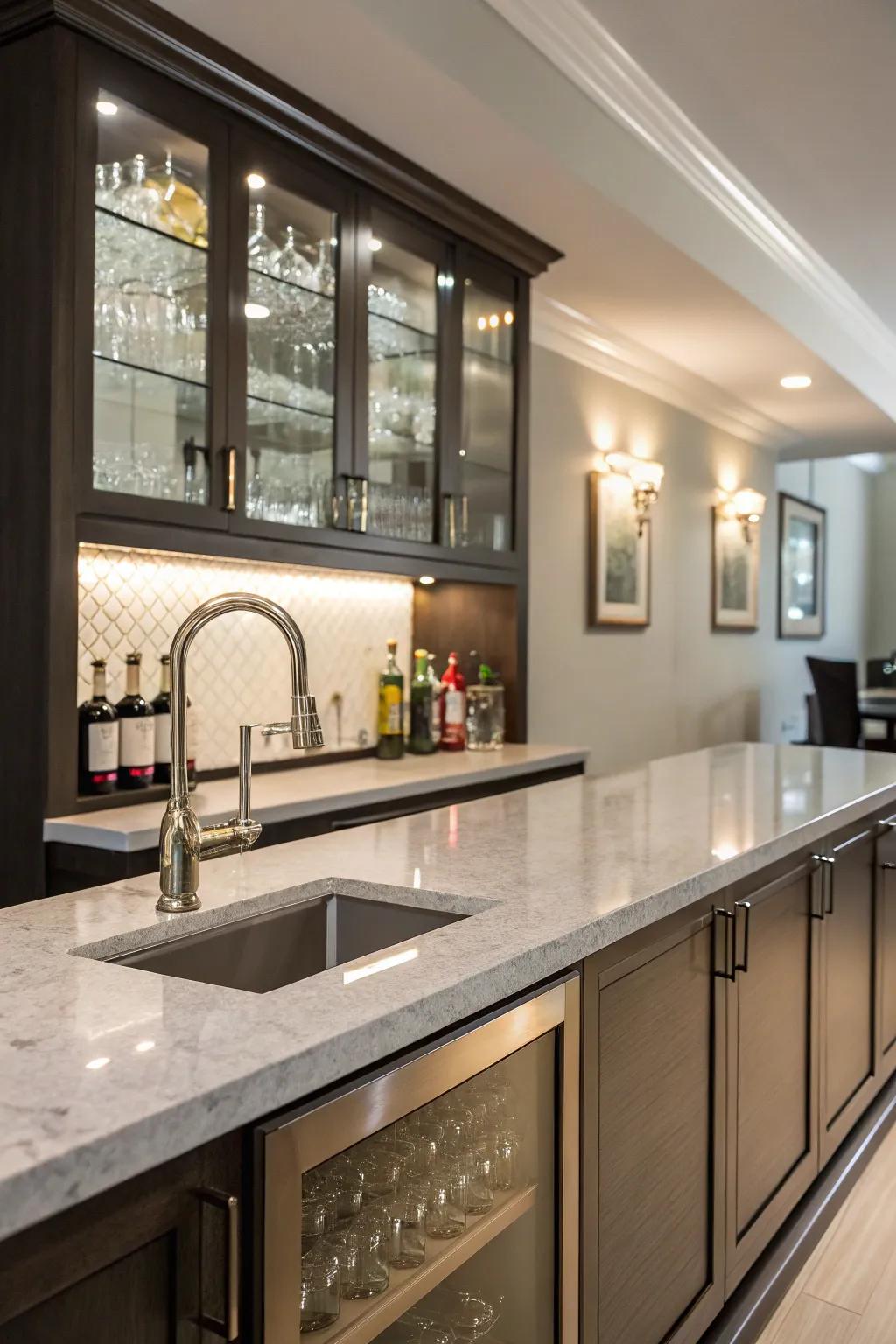An elegant quartz worktop accentuating a compact wet bar.