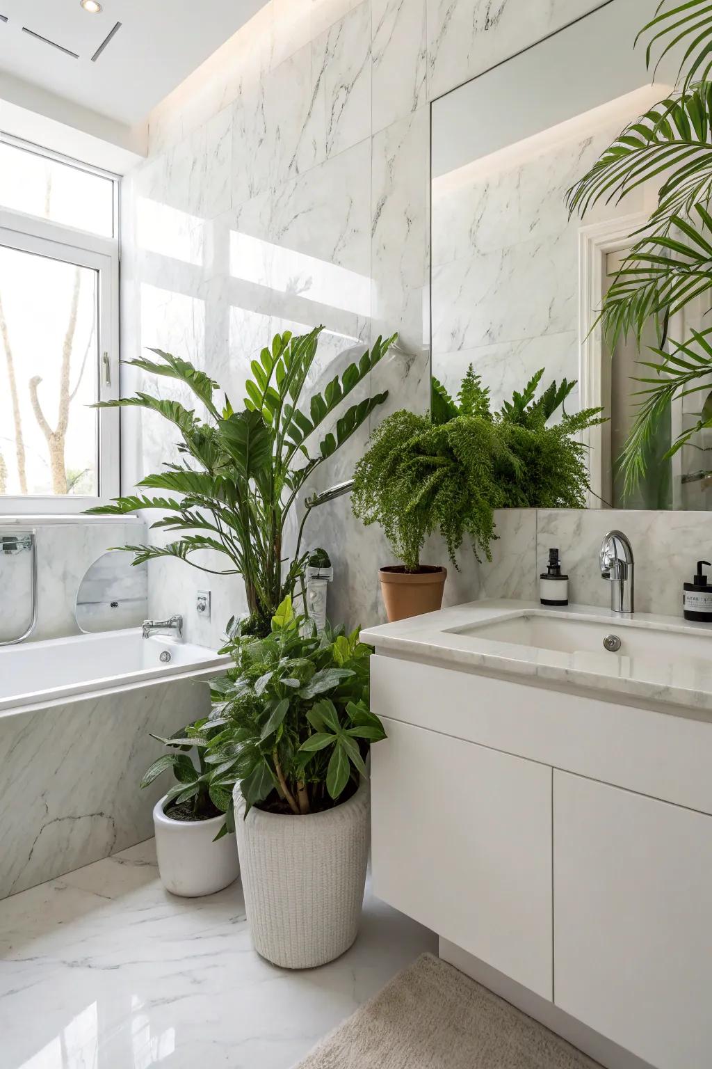 Greenery adds a refreshing natural element to marble spaces.