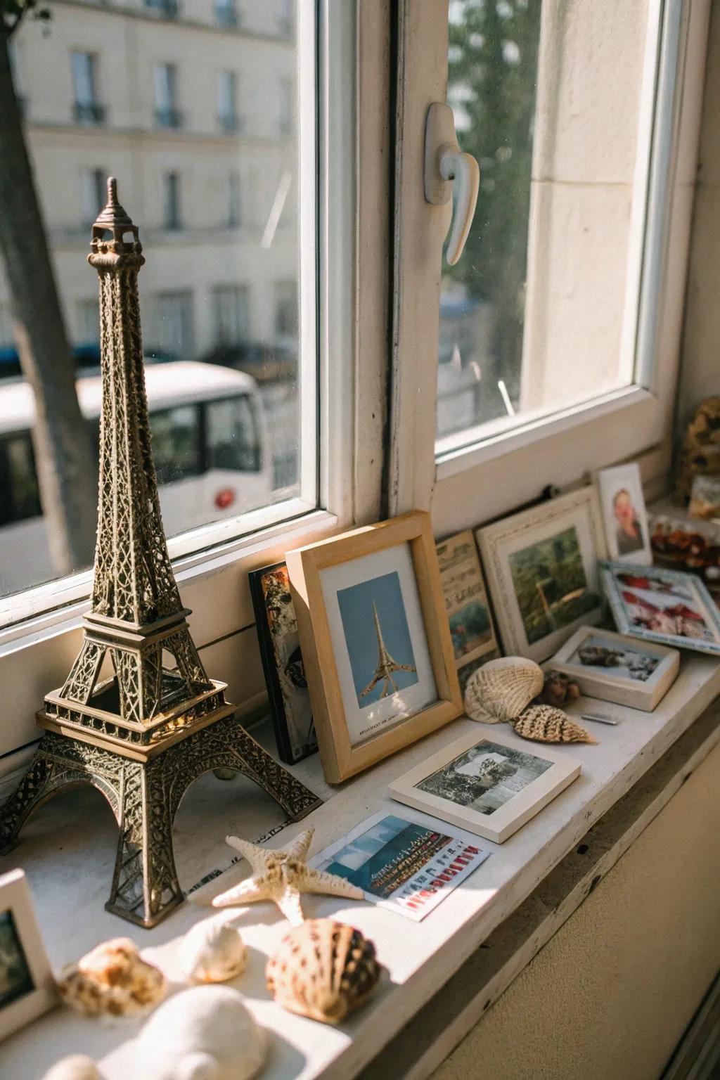 A singular detail employing travel souvenirs in a window exhibit.