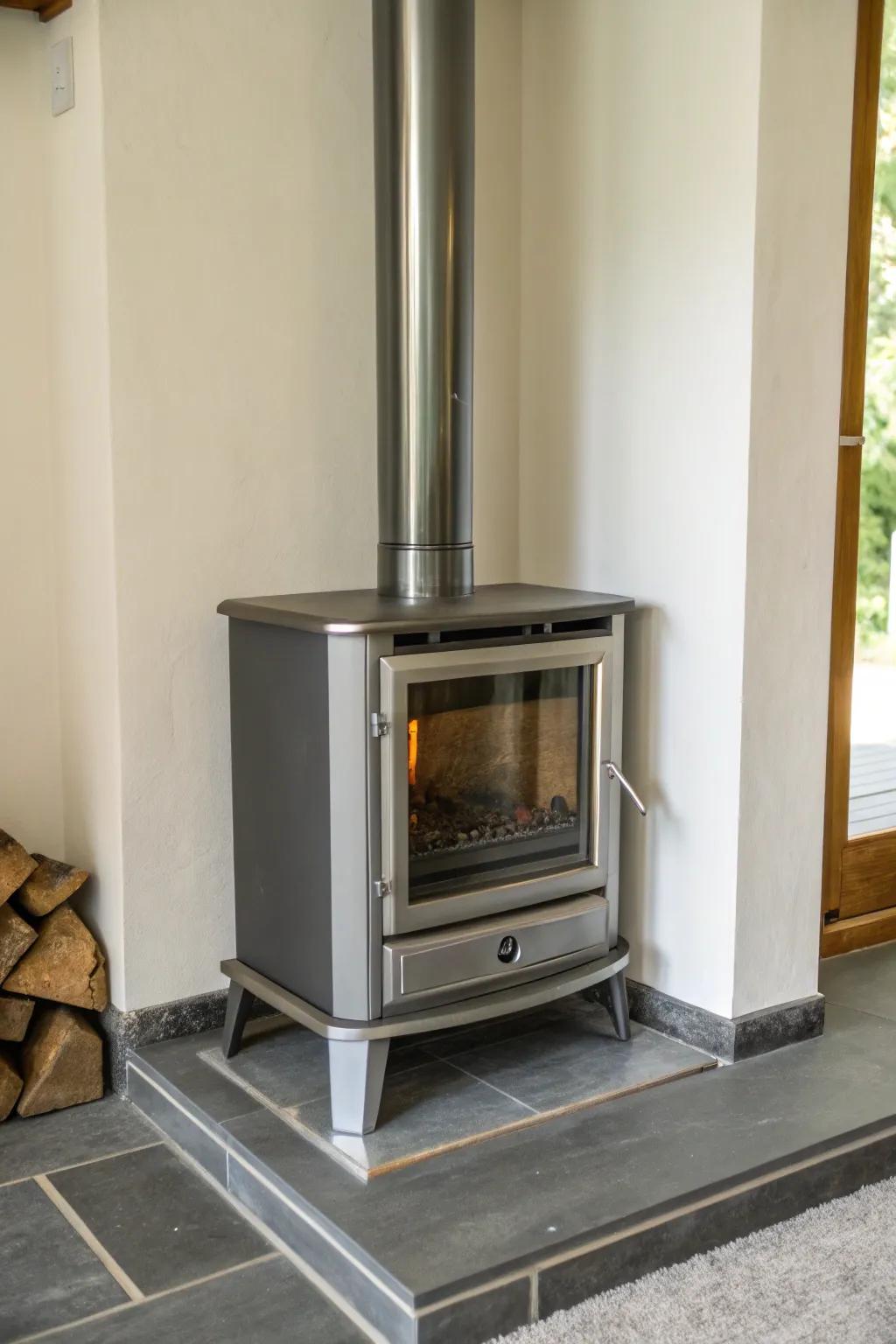 A streamlined metallic border makes a modern statement with this timber heater.