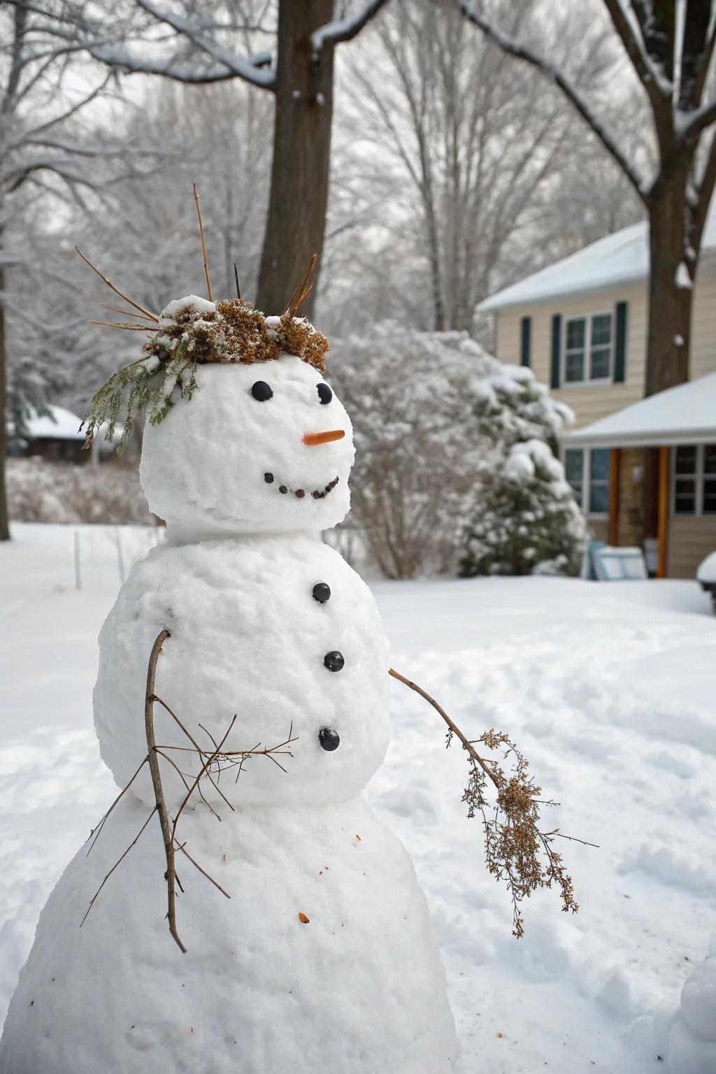 A Frosty flaunting a singular coiffure conceived from nature.