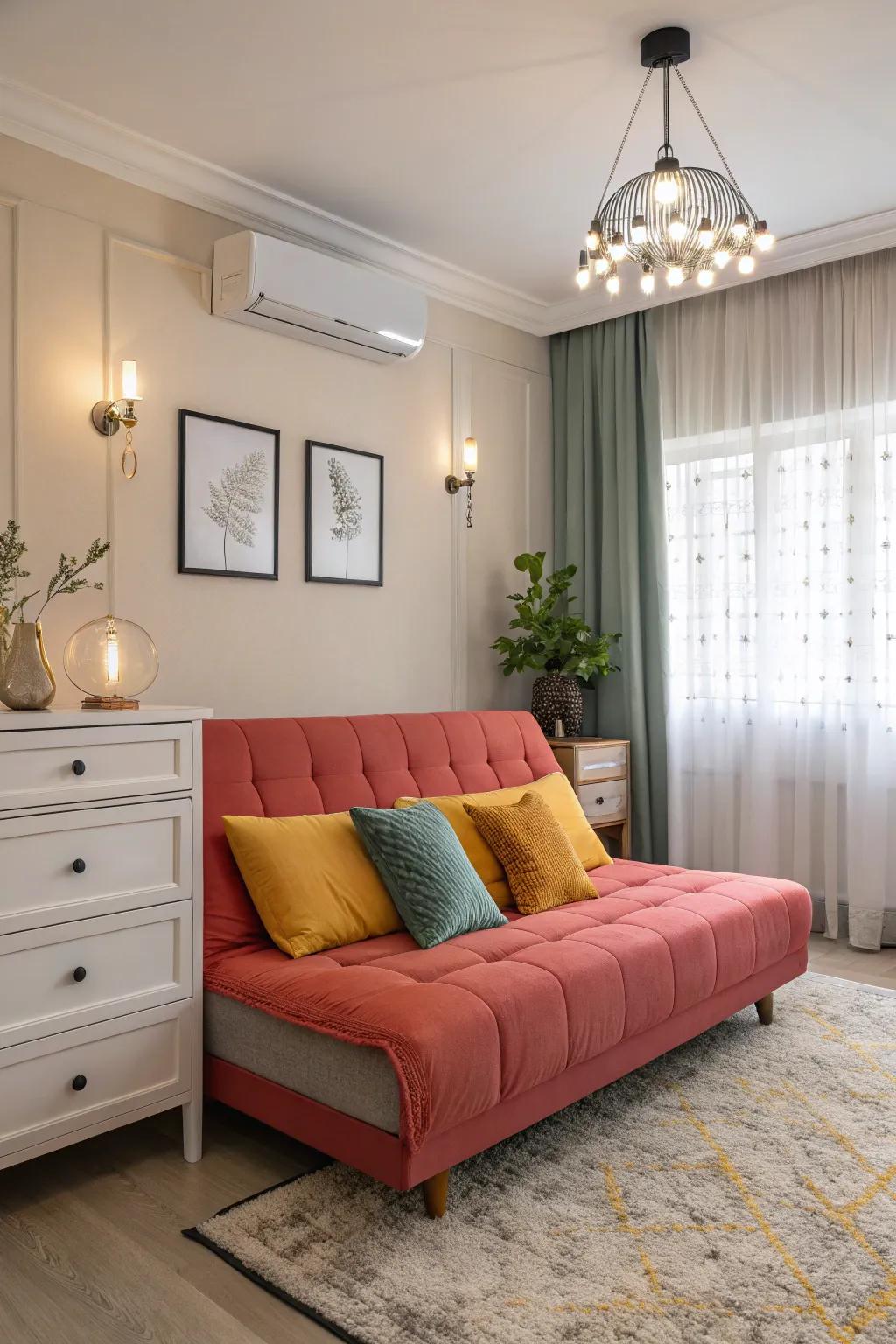 A striking convertible couch can establish the room's aesthetic direction.
