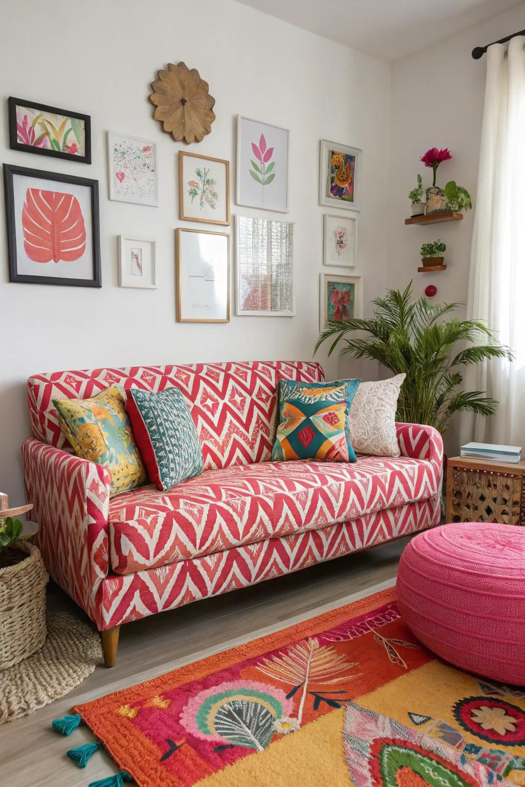 The patterned sofa enlivens this space, enhancing the appeal of this small living room.