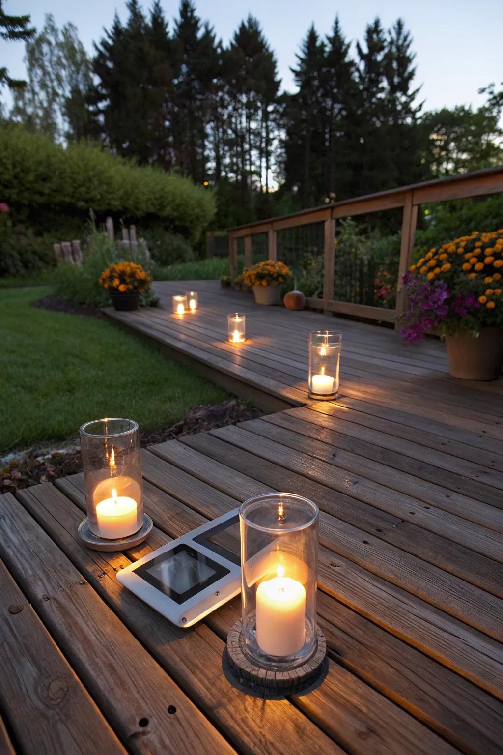 Sun-powered candles produce a romantic atmosphere on the deck.