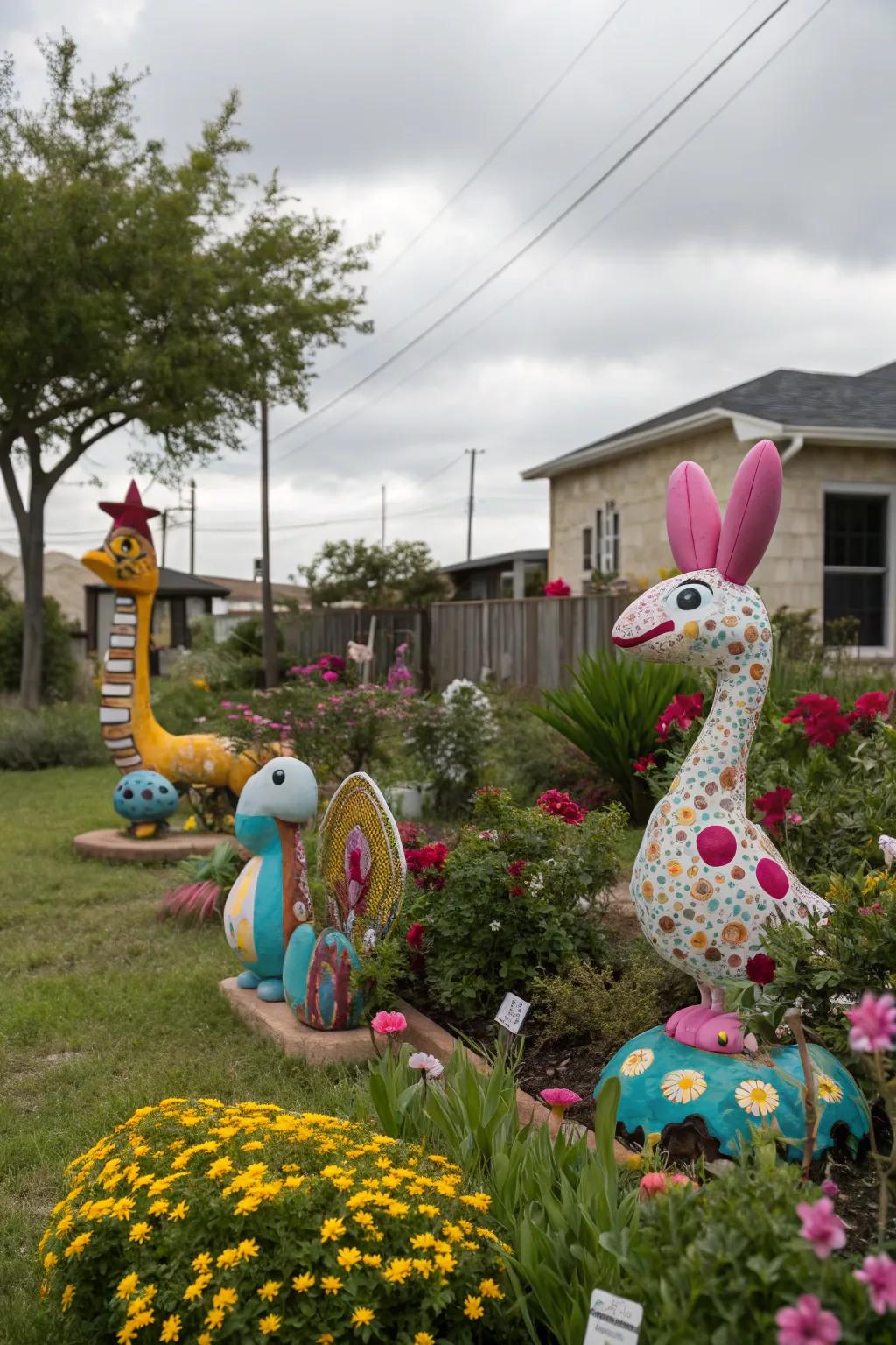 Quirky garden statues adding character to a yard.