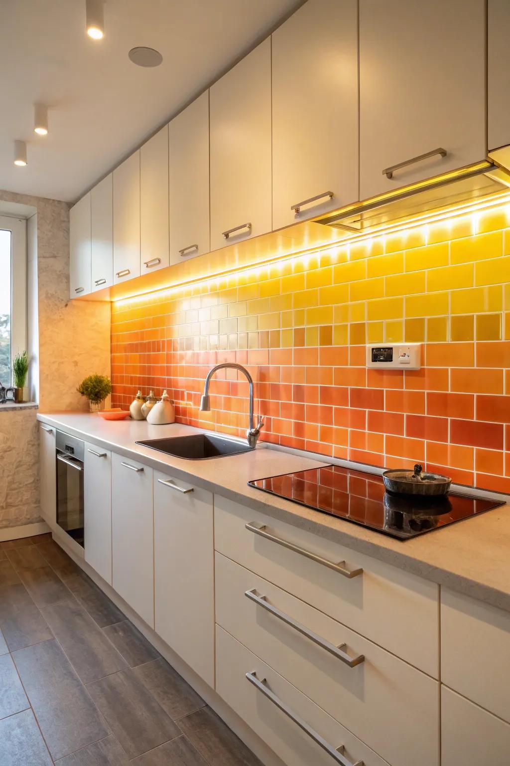 An ombre backsplash captures the splendor of a Southwest sunset.