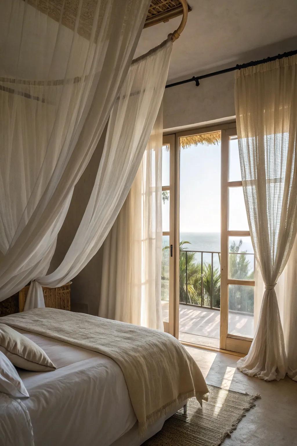 Light, airy textiles work together to create a breezy and expansive atmosphere.