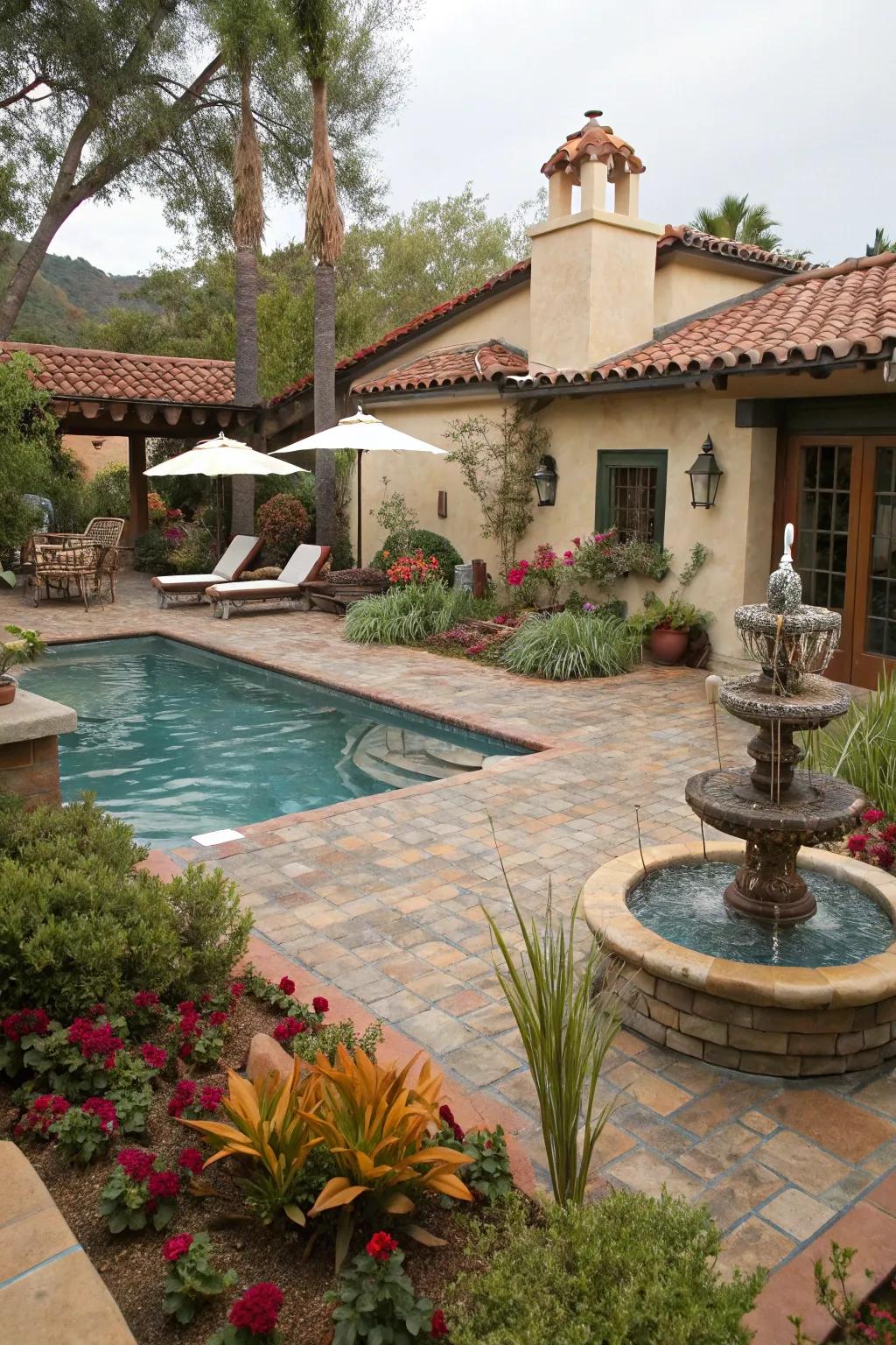 A hydrological feature crafts a serene emphasis point in this Spanish-inspired garden.