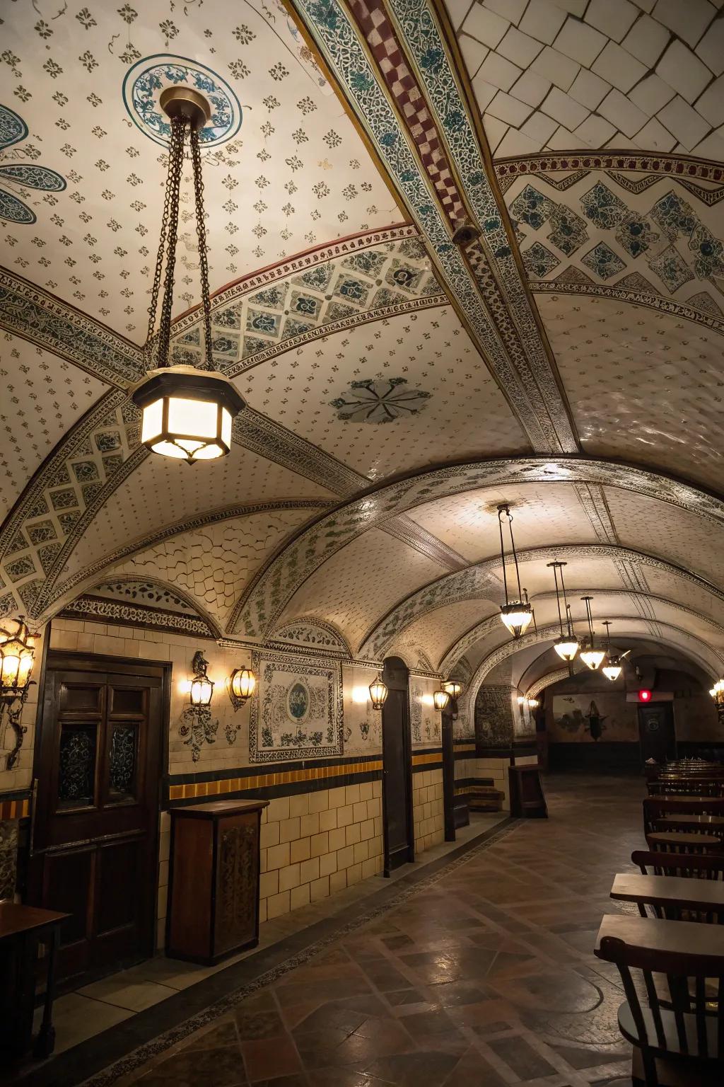 Intricate tiled ceilings add vintage elegance to your speakeasy.