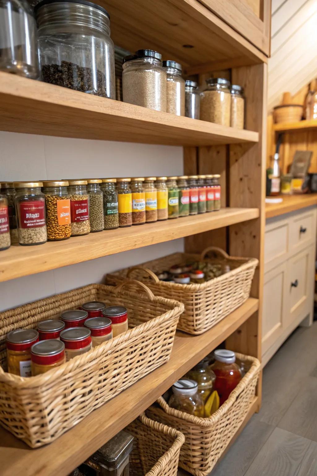 Baskets installed under shelves providing additional spice storage.