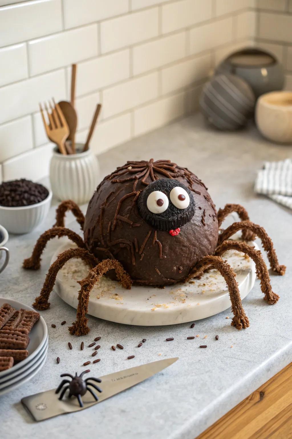 A giant spider cake ball that exudes irresistible amusement.